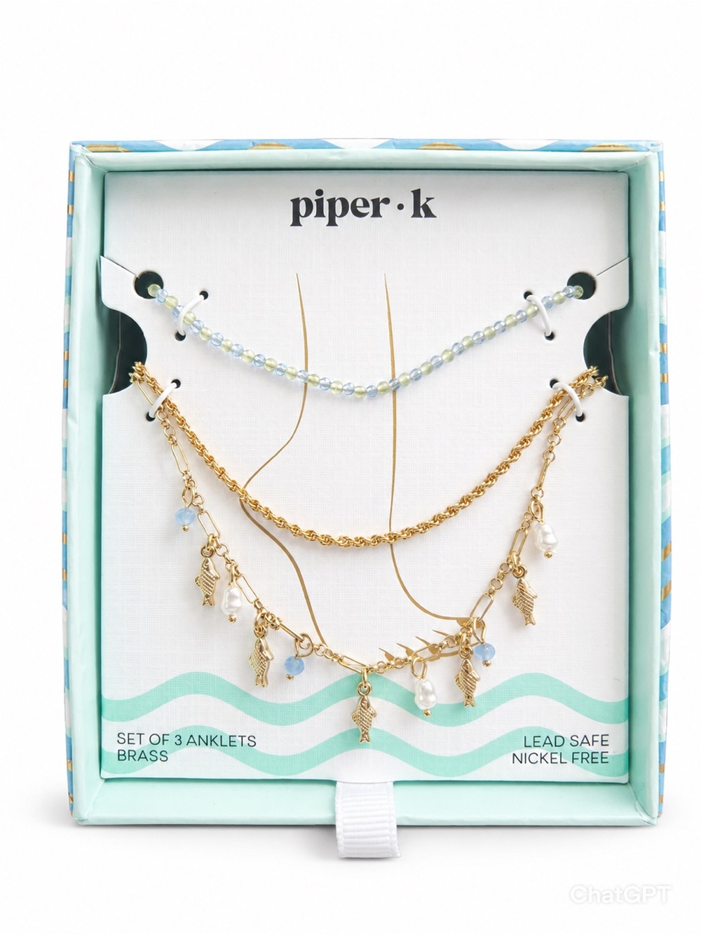 piper·k 3-Piece Anklet Set Blue Green Beaded Gold Pearls Fish Light Blue Beads